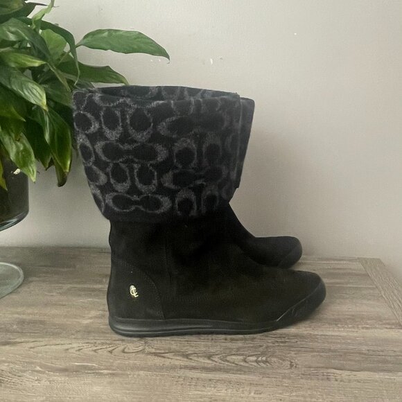 Coach Tatum Black Leather Wool Mid-Calf Boots Women’s 9M | Signature Logo Winter - Picture 3 of 10